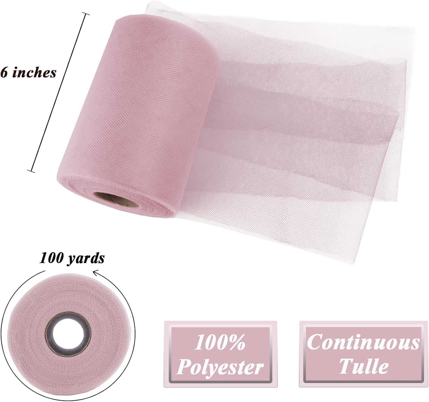 Dusty Rose Tulle Fabric Roll 6”by 100 Yards (300 ft) Soft Tulle Spool for DIY Crafting Favor Supplies, Tutus, Wedding, Party Decorations, Gift Wrapping