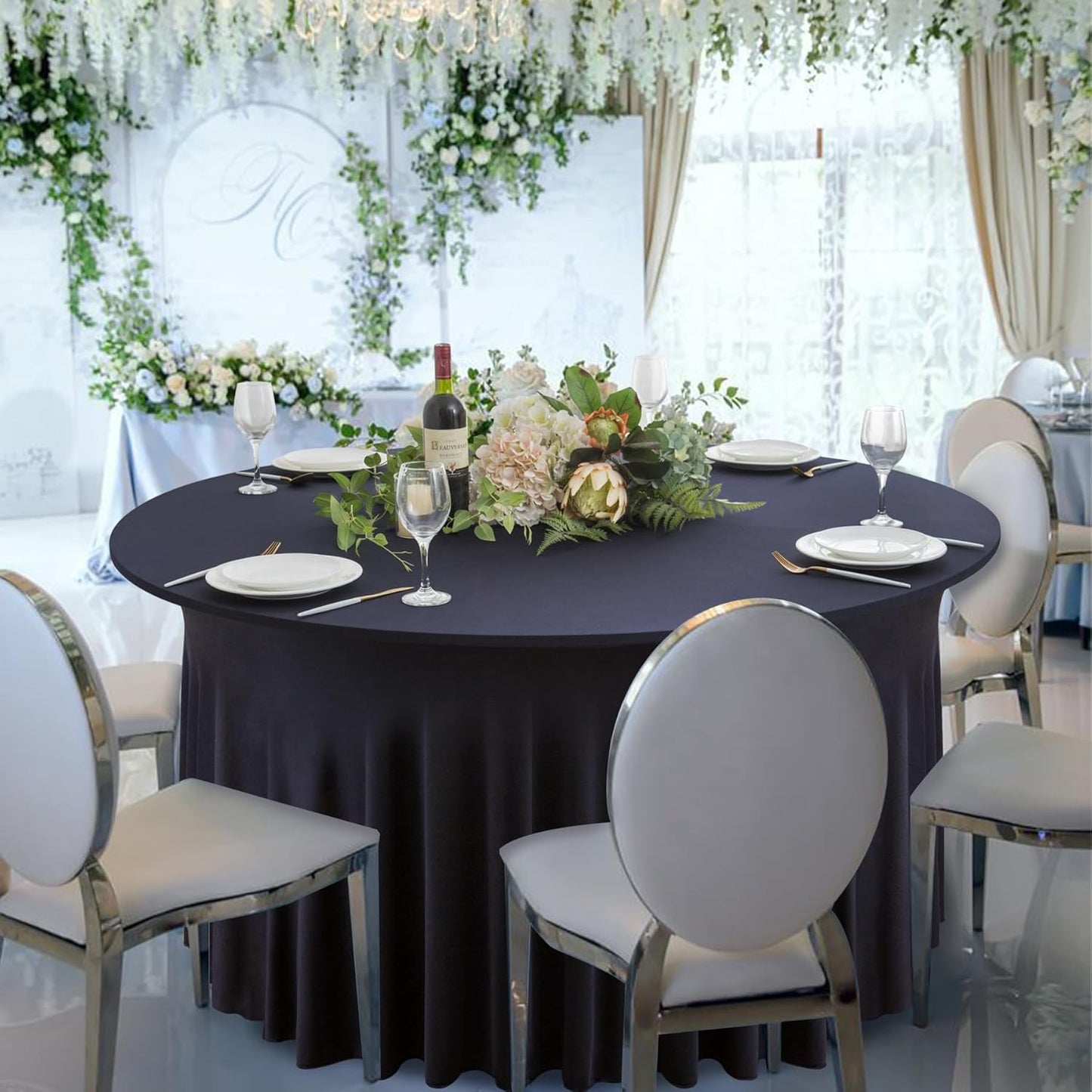 6 Pack Navy Blue Round Spandex Tablecloth 60 Inch, Wrinkle Free Stretch 120 Inch Fitted 5ft Navy Table Cloths Round Table Covers with Ruffle Skirt for Graduation Party Wedding Banquet