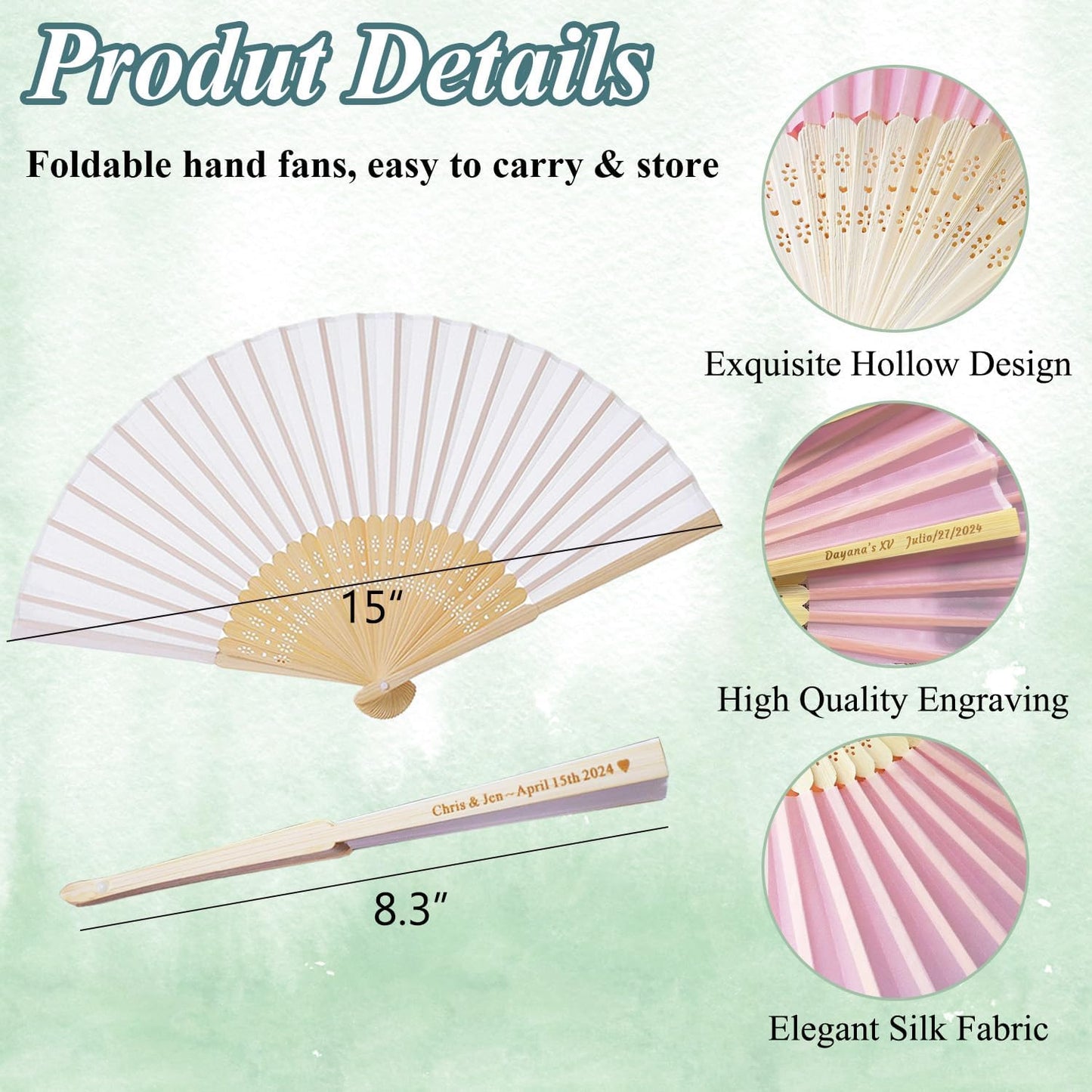 15 Sets Personalized Pink Hand Fans, Custom Engraved Folding Fans for Wedding Guests, Bamboo Folded Handheld Fan Wedding Fan Bridal Dancing Props Party Favors Bridal Shower Gifts