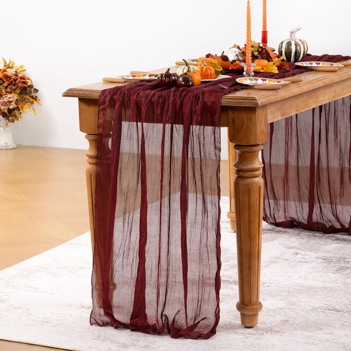 Burgundy Red Cheesecloth Table Runner 6 Pack Fall Table Runners Boho Gauze 120 Inches Red Cheese Cloth Fall Table Decorations for Thanksgiving Christmas Weddings Bridal Shower Candlelight