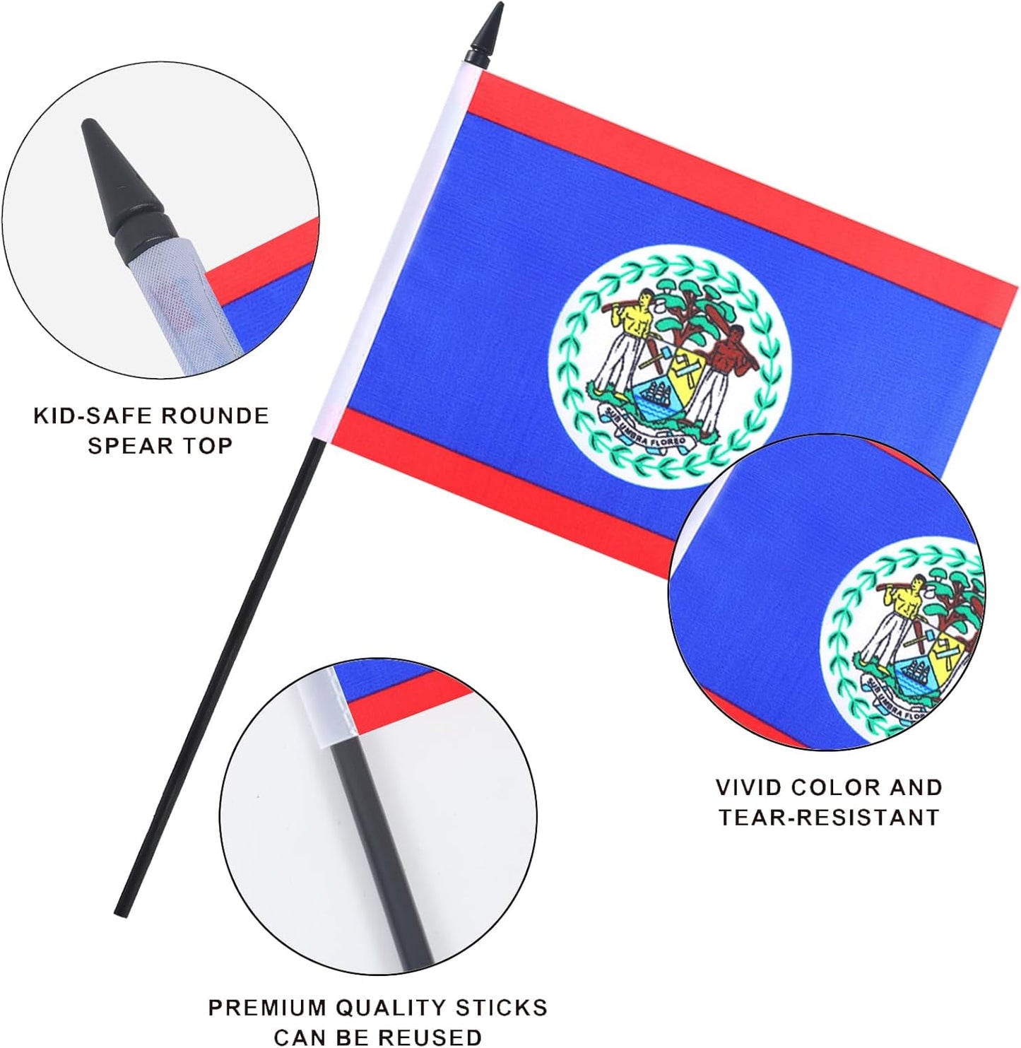 Belize Desk Flag 12" Solid Pole Deluxe Set Belizeans Flags Banner Mini Small Belize Office Table Flags with Black Stand Base Desktop Decorations(2Pack)