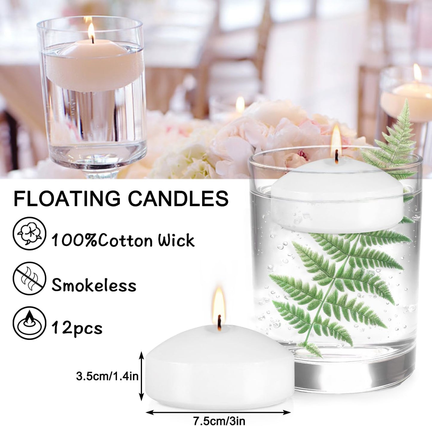 12 Bulk White Floating Candles-2 inch Unscented Tealights -for Romantic Weddings Decorations Pool Centerpieces Parties