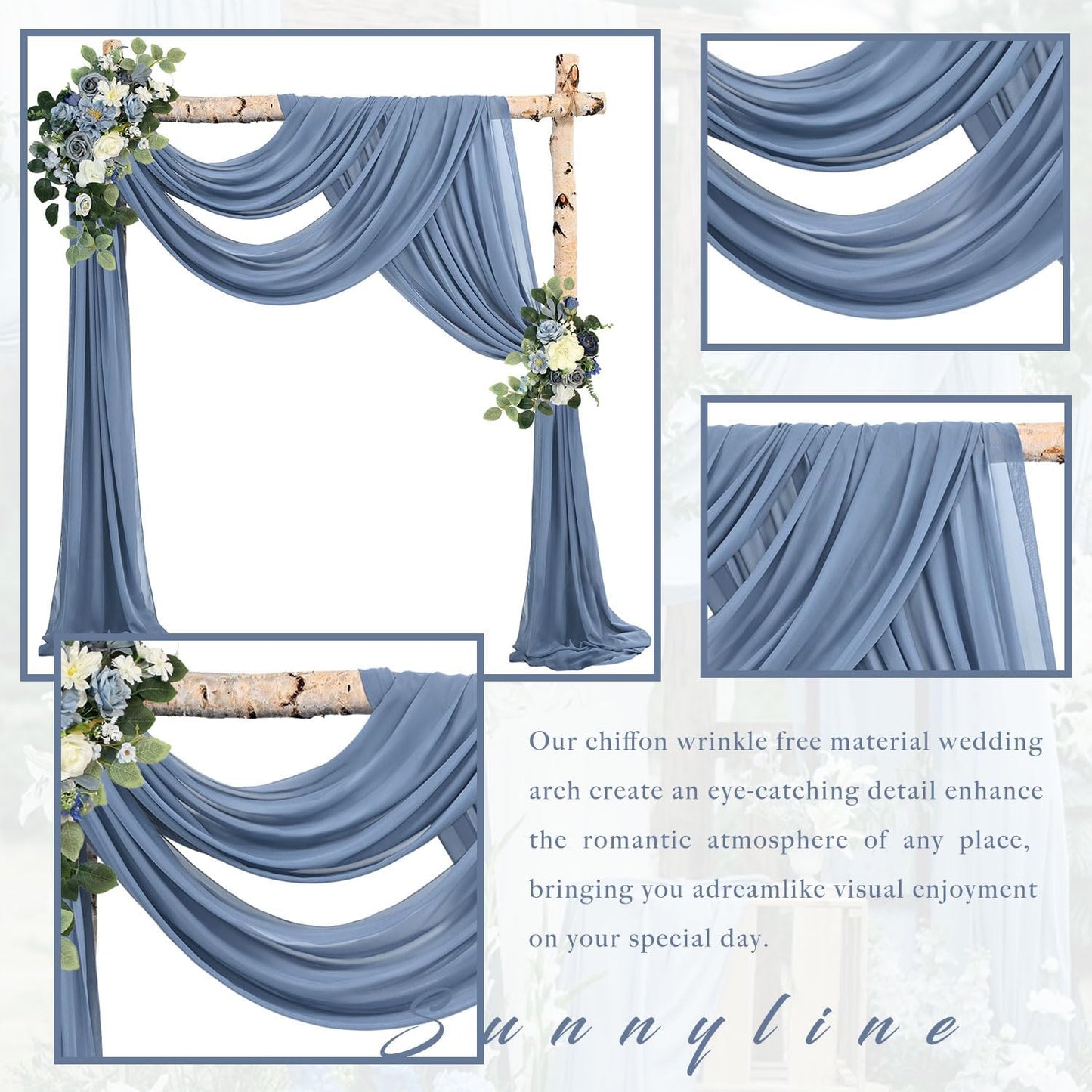 20Ft Length x 28" Width 4 Panels Wedding Arch Draping Fabric Dusty Blue Arch Drapes Chiffon Fabric Sheer Curtains Backdrop for Party Bridal Decorations Wedding Ceremony Ceiling Stage Reception Decor