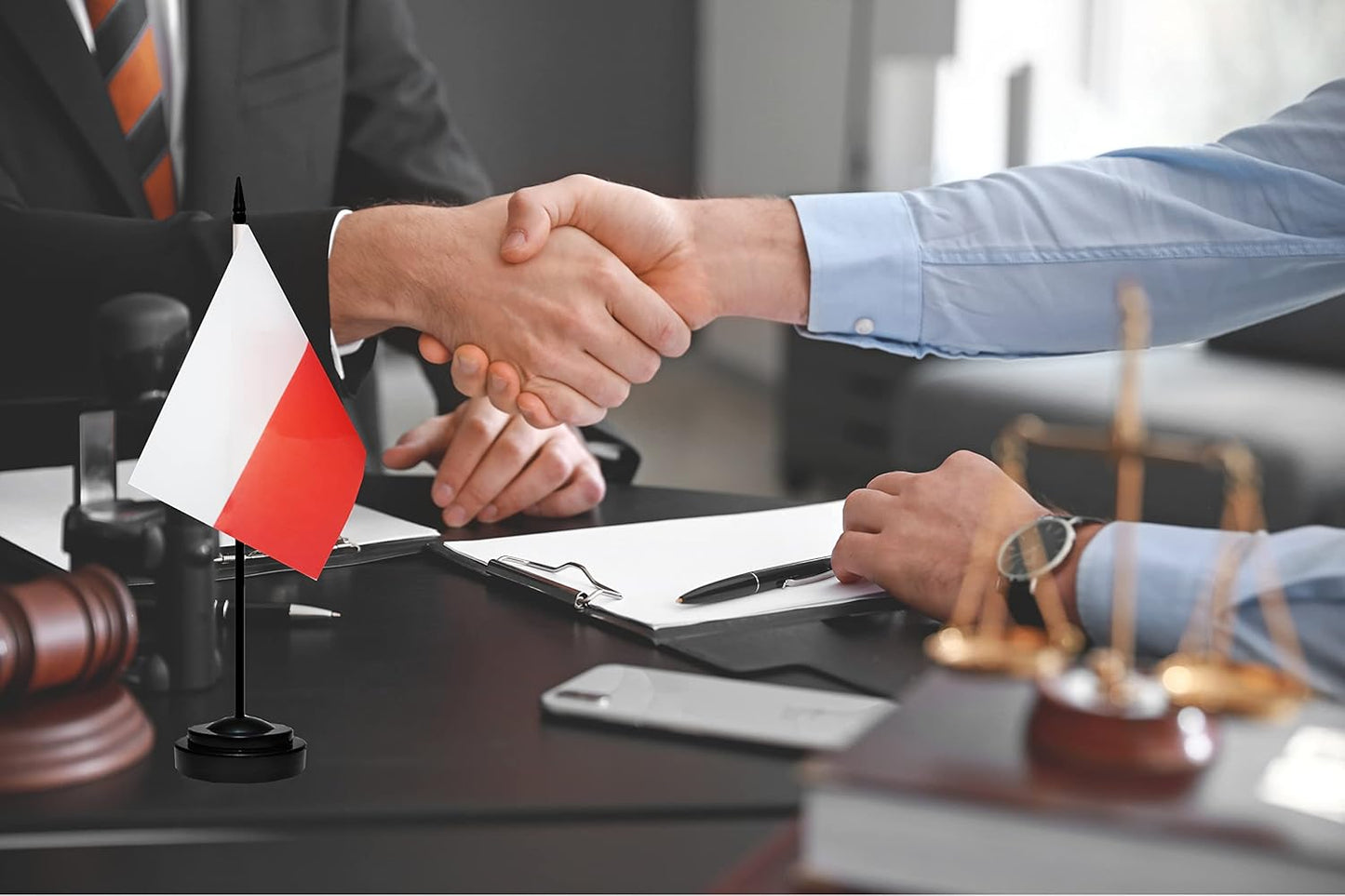 Poland Poles Deluxe Desk Flag Set Small Mini Miniature Poland Poles Table Desktop Flags With Solid Pole, Black Base and Spear Top (2 Pack)