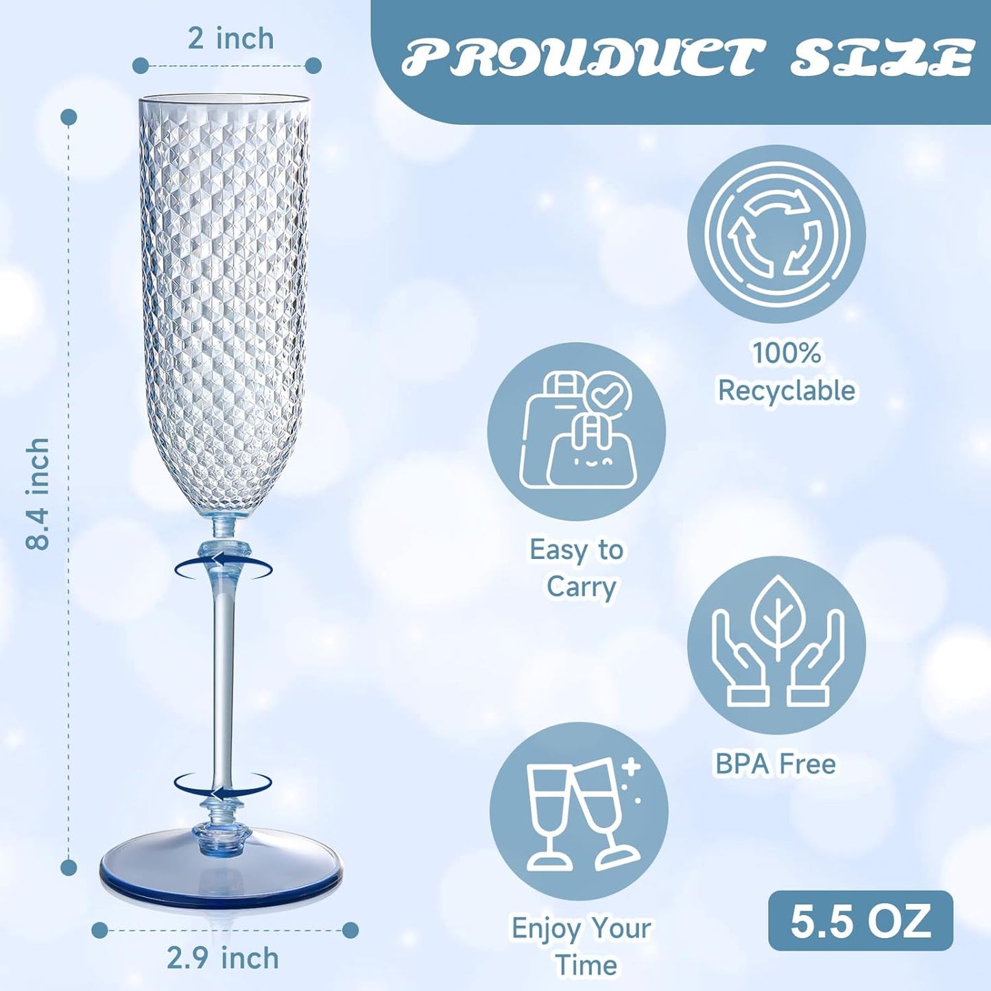 XUWAIDSGN 100 Pack Blue Detachable 2 piece Champagne Flutes 5.5 Oz Unbreakable Plastic Mimosa Disposable Champagne Glasses Drinking Cups Stemmed Reusable Wine Toasting Glasses for Wedding