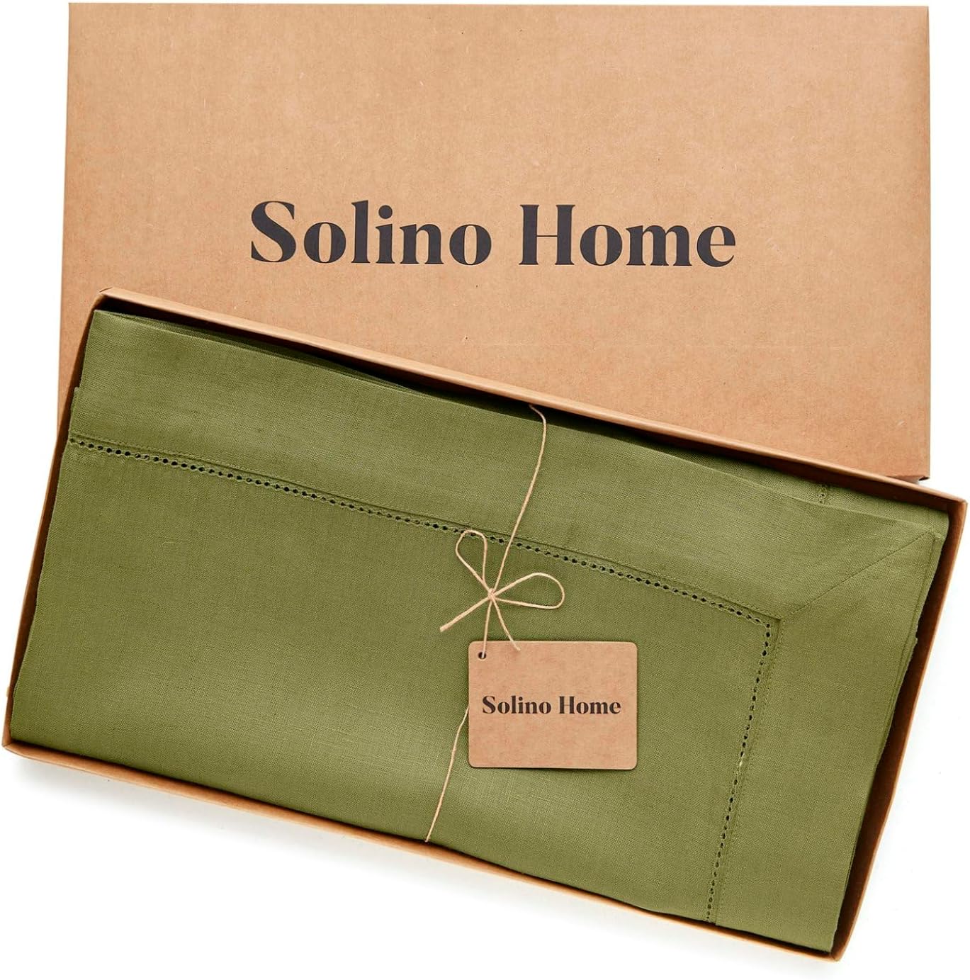 Solino Home Linen Avocado Green Tablecloth 60 x 108 Inch - Classic Hemstitch, 100% Pure Linen Rectangular Tablecloth - Machine Washable Table Cloth for Fall, Autumn, Thanksgiving