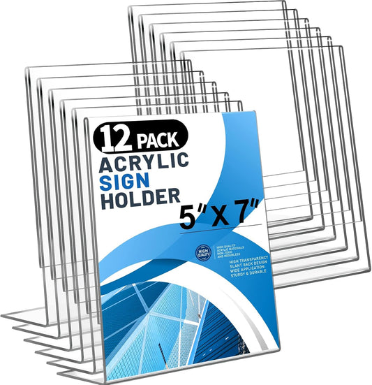 Aheroi 12Pcs Acrylic Sign Holder, 5x7 Clear Sign Holders, L-Shape Table Sign Holders Paper Stand, Plastic Sign Holder Standing, Paper Display Stand for Menu Document Display, Activities Supplies