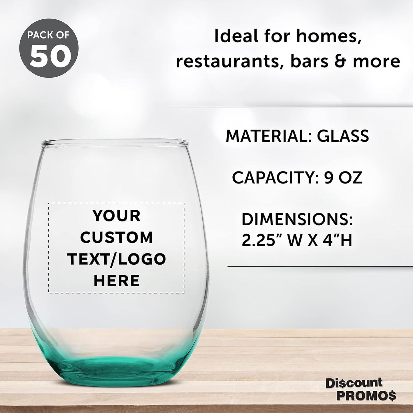 Custom Stemless Wine Glass 9 oz. Set of 50, Personalized Bulk Pack - Great for Wedding Favors, Bachelorette Party Decorations, Party Favors, Color Bottom - Green