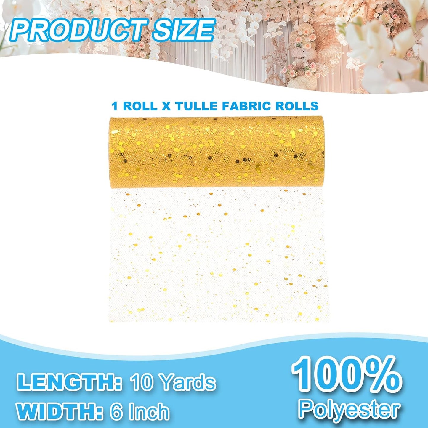 PATIKIL Tulle Fabric Rolls, 6 Inch by 10 Yards Fabric Spool Tulle Sparkling Ribbon Netting Sequin for DIY Tutu Skirts Crafts Wedding Party Decorations, Gold