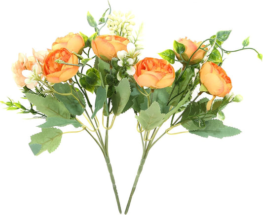 Artificial Flowers Fake Peony Silk Mini Plastic Bridal Flowers for DIY Wedding Bouquets Home Decorations 2 Packs(Orange)