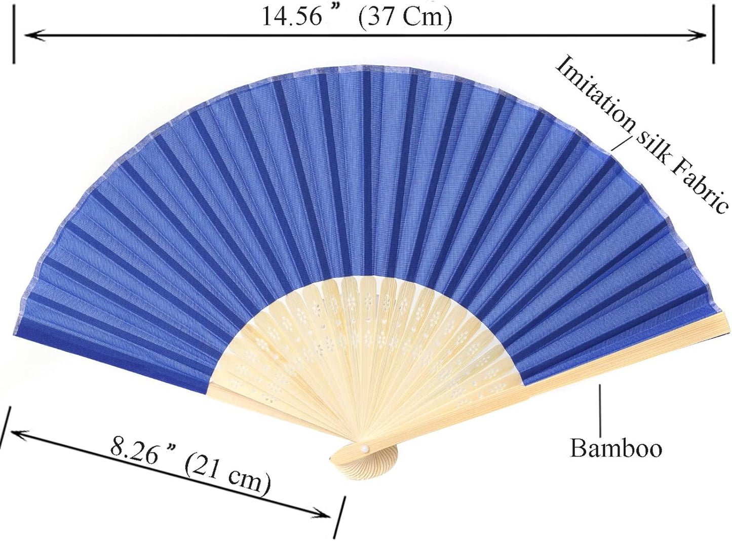 24pcs Imitated Silk Hand Fan Imitated Silk Fabric Bamboo Handheld Folded Fan Bridal Dancing Props Church Wedding Party Favors with Organza Bags (Royal Blue)