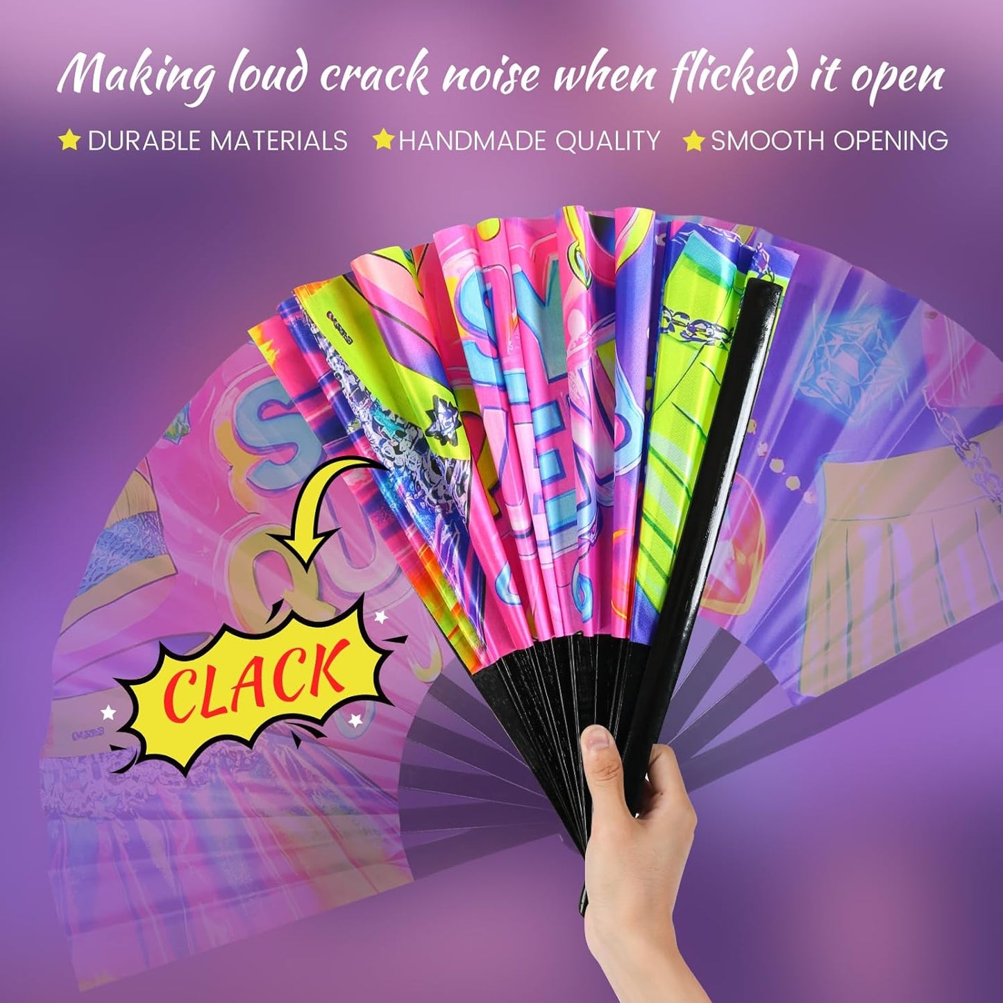 SYNTECSO Folding Hand Fan for Rave, Popping Fan for Line Dancing, Drag Queen, Women and Men Gift，Chinese Japanese UV Glow Clack Fan for Parties, Music Festivals, EDM and Decoration