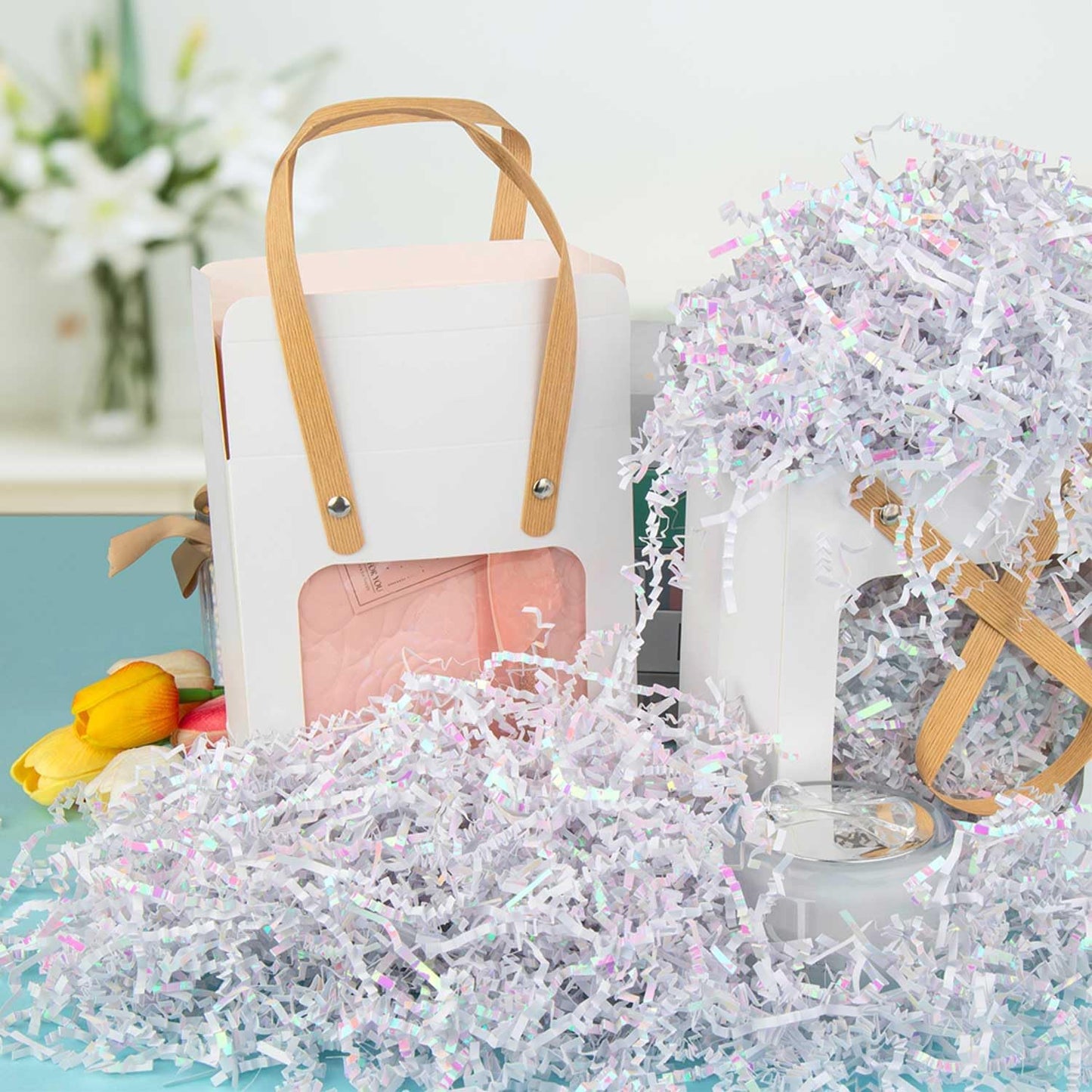 8.5oz Crinkle Paper Filler, Gift Baskets Gift Boxes Crafts Shredded Cut Paper Packaging Decorative Stuffing & Cushioning Confetti for Easter Birthday Wedding Party Favor Diamond White