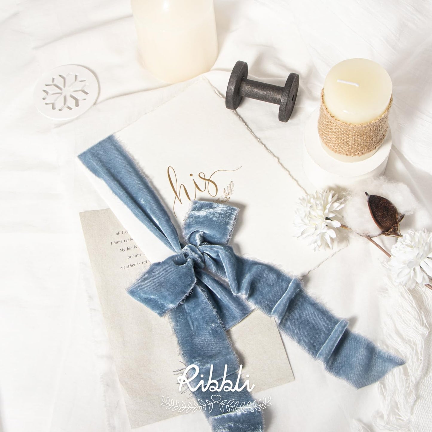 Ribbli Dusty Blue Velvet Ribbon 1.5 Inch Handmade Frayed Vintage Christmas Ribbon for Gift Wrapping Christmas Tree Ornament Wreath Craft Home Decor -Total 3 Yards with Wooden Spool