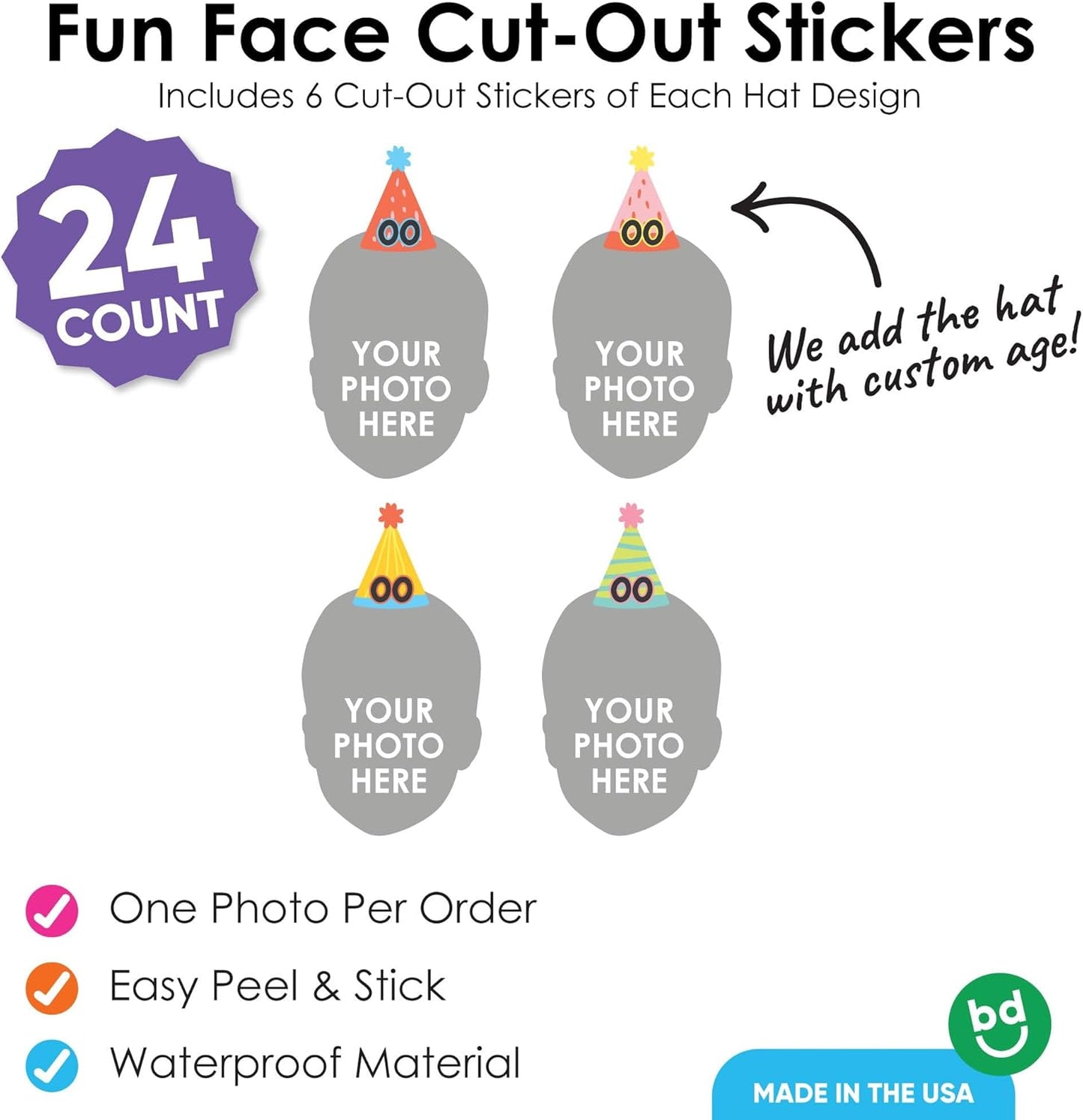 Big Dot of Happiness Custom Photo Party Time - Happy Birthday Party Favors - Fun Face Cut-Out Stickers - Set of 24