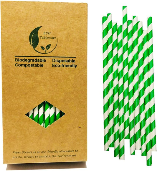 Environment Green White Paper Straws Bulk 100, Disposable Green Striped Drinking Straws with Kraft Box Packing Coktail Straw for Holiday Use Juice Patener