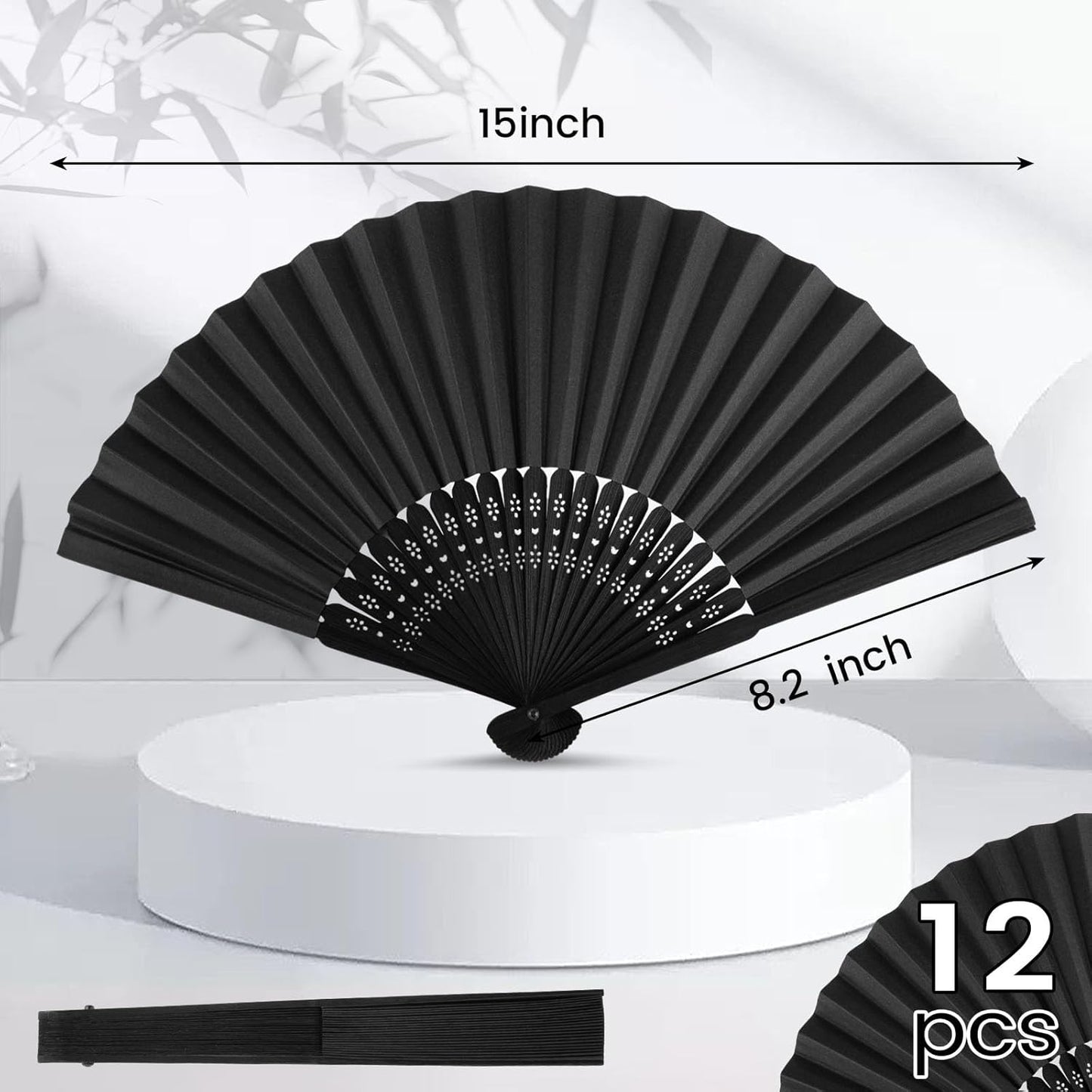 JOHOUSE 12 Packs 8.2 Inch Black Chinese Paper Foldable Hand Fan for Women - Wedding, Bridal Shower, Outdoor Party Favors, DIY Home Decor