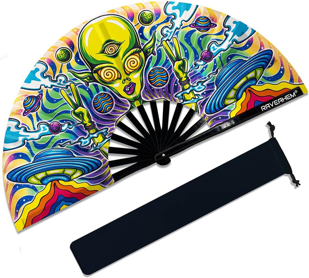 13" Large Rave Fan Bamboo, Folding Clack Hand Fans Foldable for Men Women, Boots on the Ground Poping Fan for EDM Festival Line Dance Decoration, (Alien, Large 13")