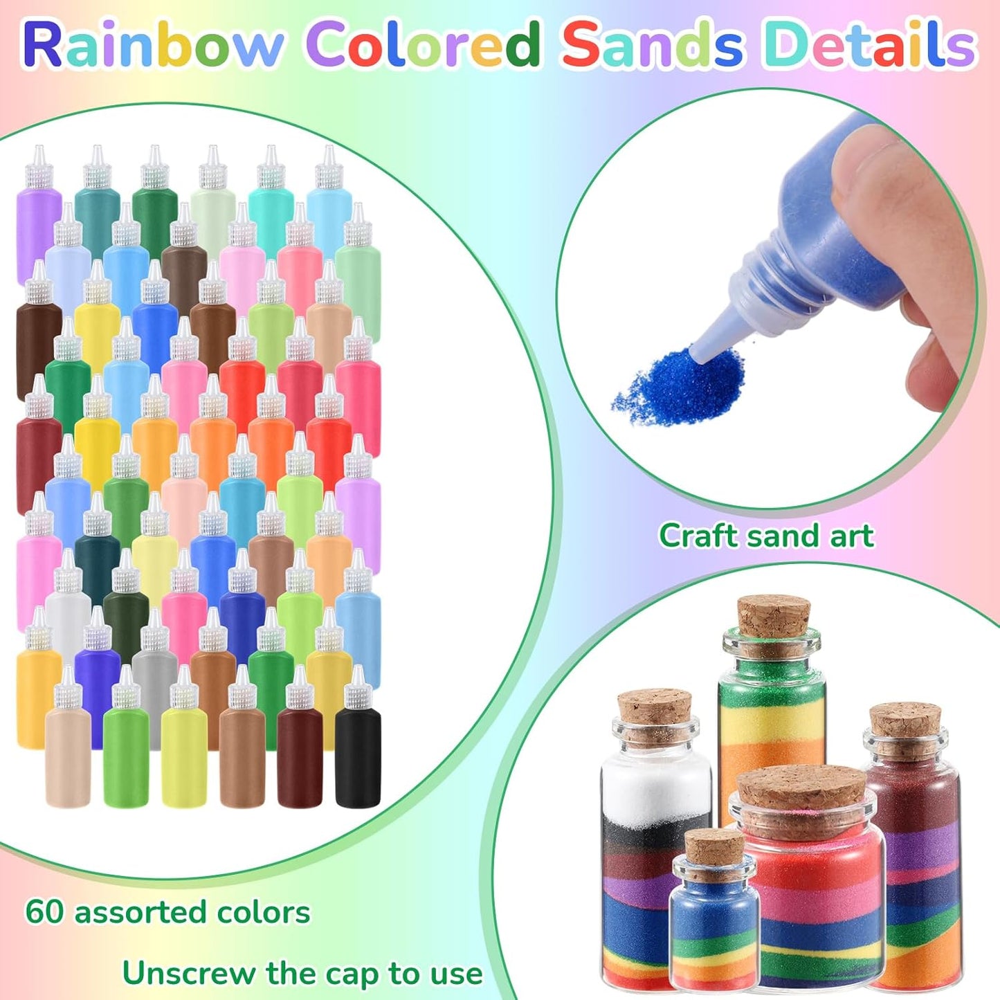 Wettarn 180 Pcs 1.25 oz Sand Art Bottle Kits 60 Colors of Sand and Bottle for Rangoli Art Painting DIY Drawing Favor Diwali Wedding Decoration Vase Glass Crafty Collection (Multicolor)