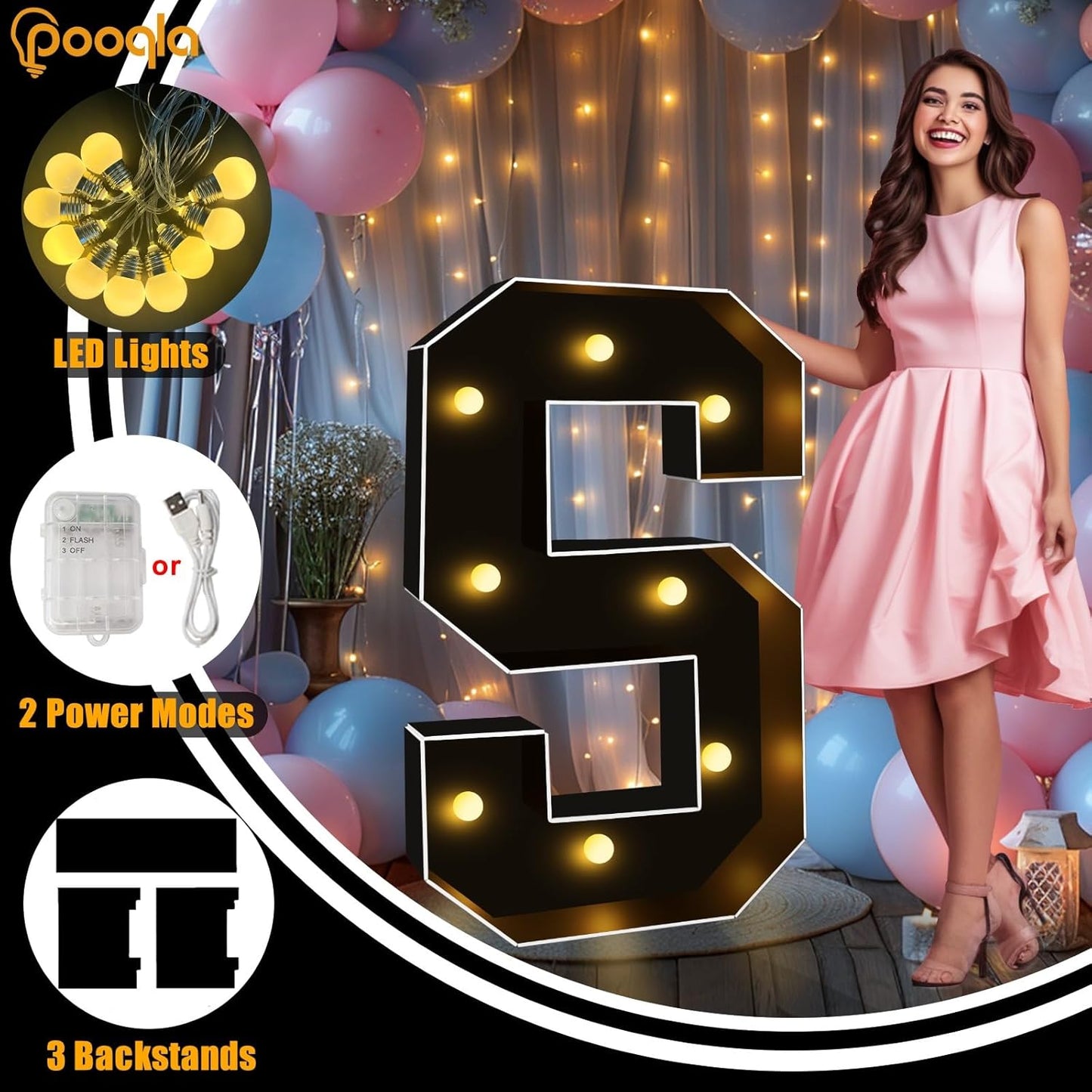 Pooqla 3FT Marquee Light Up Letters, Black LED Party Decor Large Marquee Letters 3 Feet Tall, Giant Mosaic Letter for Birthday Graduation Anniversary Wedding Decoration, Letter G