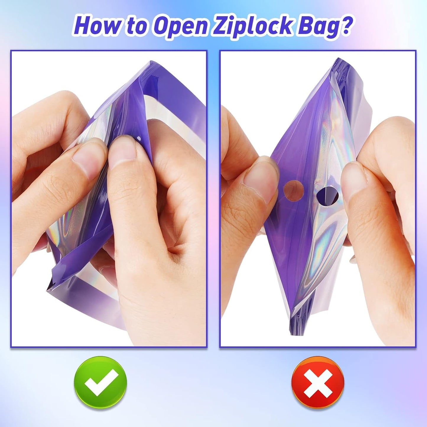 Funfery 100 Pack Gradient Holographic Bags,Mylar Resealable Bag with Zipper,Clear Window Packaging Pouchs, Smell Proof Foil Bag for Food Storage,Sample Jewelry Baggies(5.5x7.9In,Purple Pink)