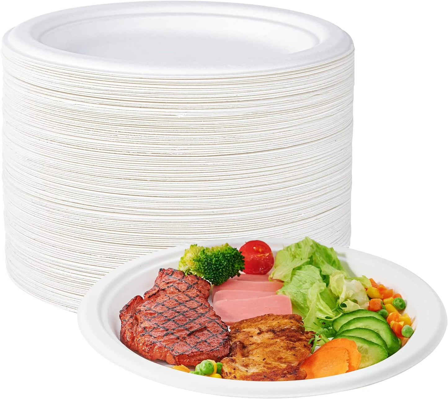 ECOLipak 100% Compostable 10 Inch Heavy Duty Paper Plates, 150 Pack Disposable Biodegradable Eco-friendly Sugarcane Bagasse Plates for Dinner Party(White)