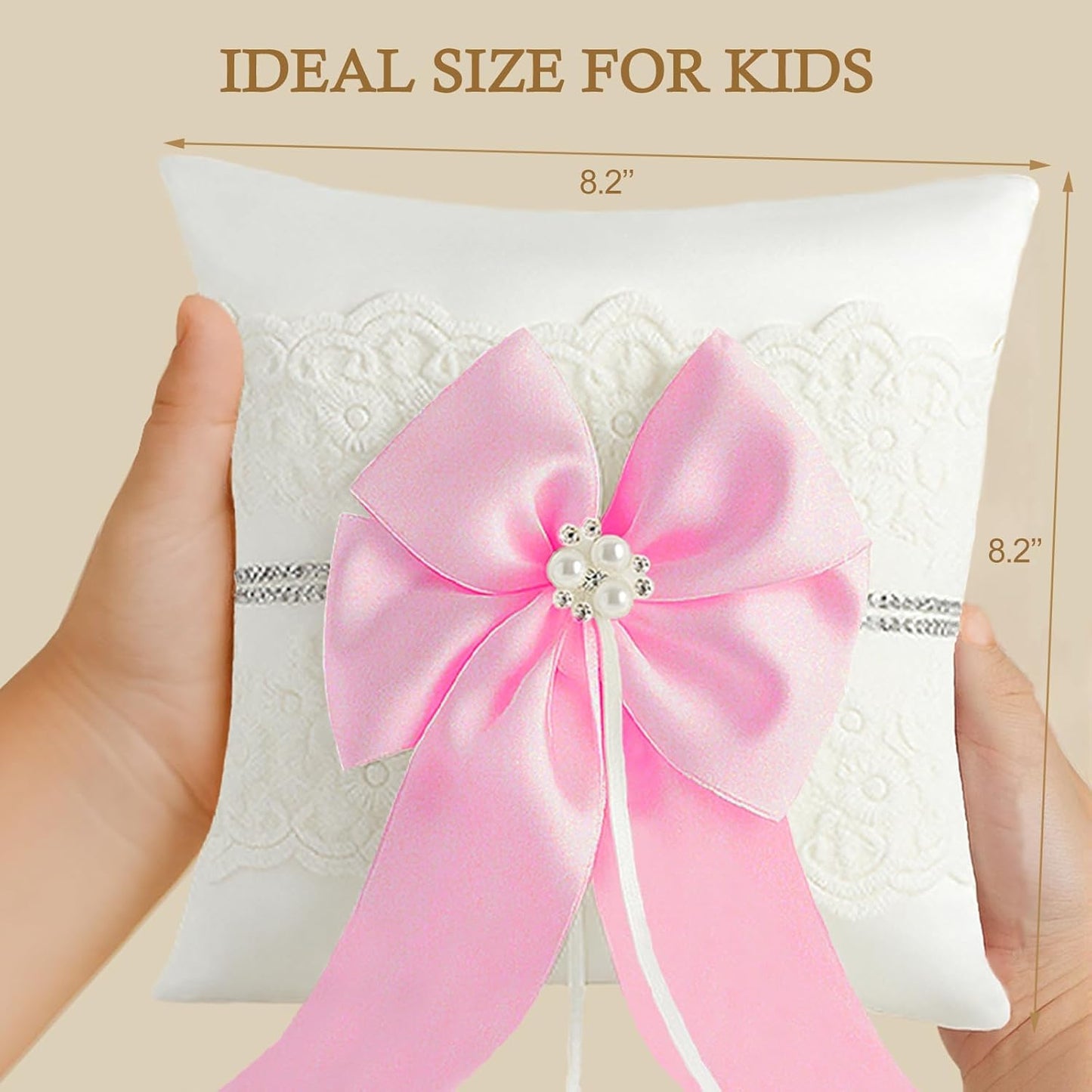 Wedding Ring Bearer Pillow: 8.2 x 8.2 Inch Ivory Satin Lace Cushion with Pink Pearl Bow for Ceremony Vows - Secure Ring Holder for Flower Boy or Girl (Pink – 2 Pack)