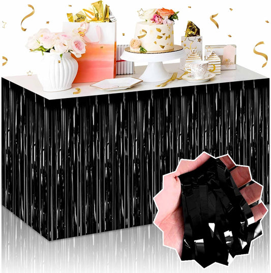 3 Pack 29 x108 Inch Black Foil Fringe Table Skirts Metallic Banner for Tinsel Streamer Garland Backdrop for Parade Floats Mother's Day, Graduate, Birthday, Wedding Party Decoration