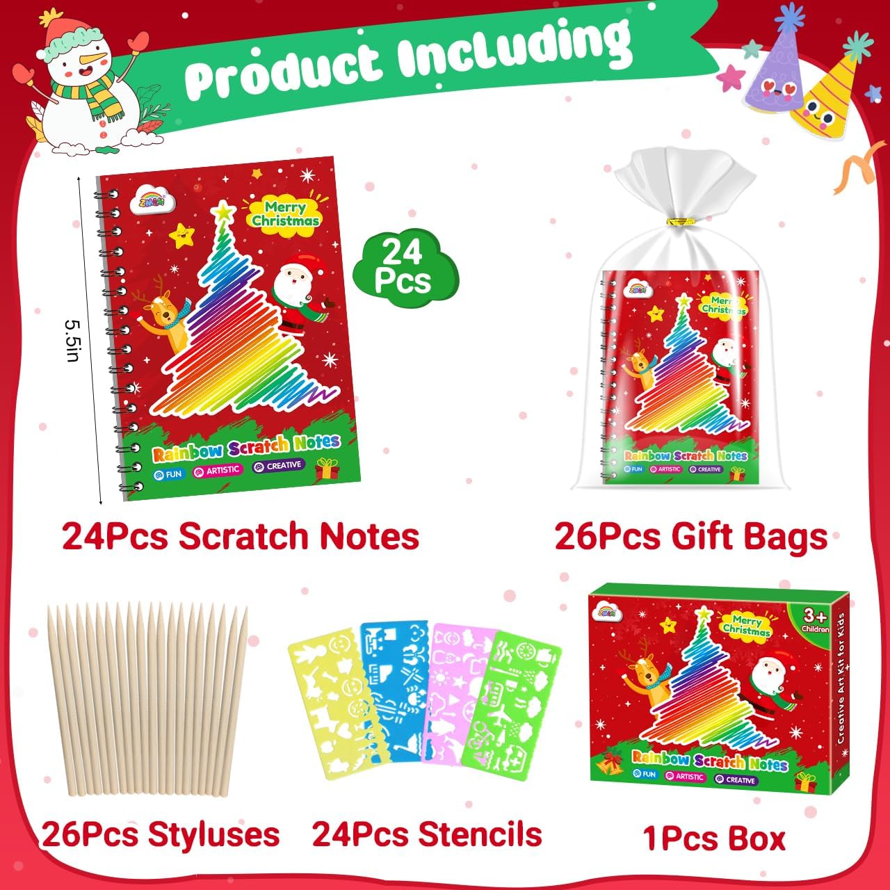 ZMLM Rainbow Scratch Party Favors Kids: Birthday Gifts Toy Bulk Scratch Art Notebook 24 Pack Birthday Goodie Bags Stuffers Girls Boys Art Craft Pad Classroom Prizes School Teacher Supplies (Christmas)
