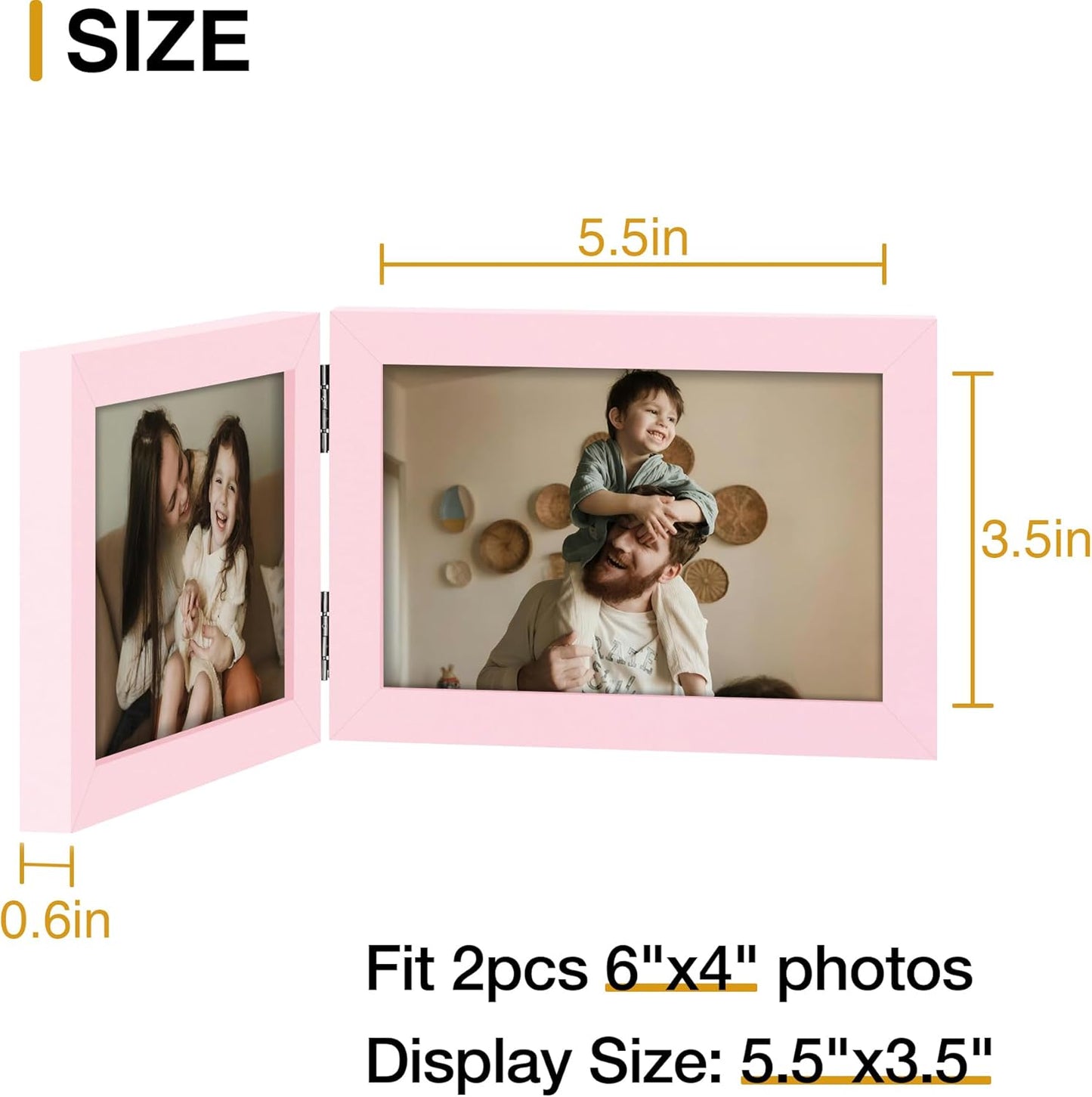 decorUhome Double 6x4 Picture Frame Horizontal, Engineered Wood Bifold Photo Frame with Plexiglass for Tabletop Display, 6x4, Pink