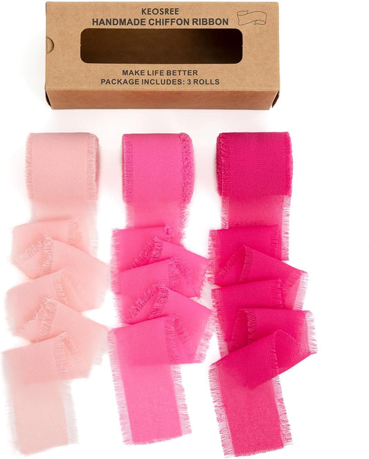 Hot Pink Pastel Pink Handmade Chiffon Ribbon,1.5" x 21Yd Frayed Silk Ribbons for Wreaths Bridal Flower Bouquet Christmas Gift Wrapping Wedding Decor Invitations Decorations (7Yards X 3 Rolls)