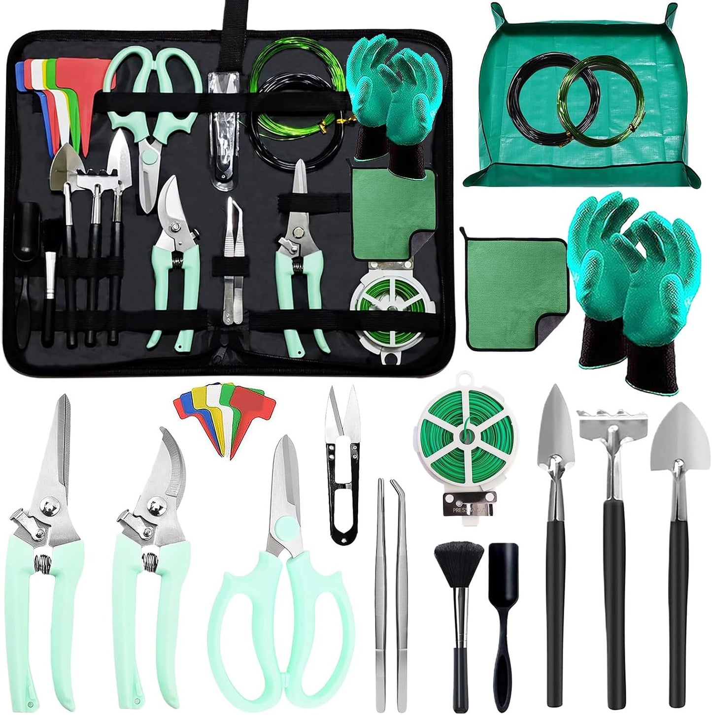 Bonsai Tools Set for Beginners, Bonsai Tree Kit with Training Wire, Scissors, Pruning Shears, Repotting Kit, Indoor Plant Tools Starter Kit (Green)