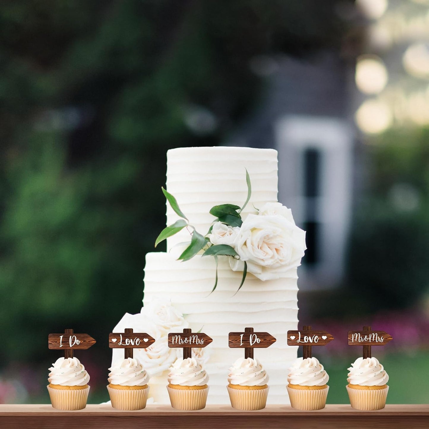 36 PCS Rustic Wedding Cupcake Toppers in Wood Wedding Engagement Cake Decorations