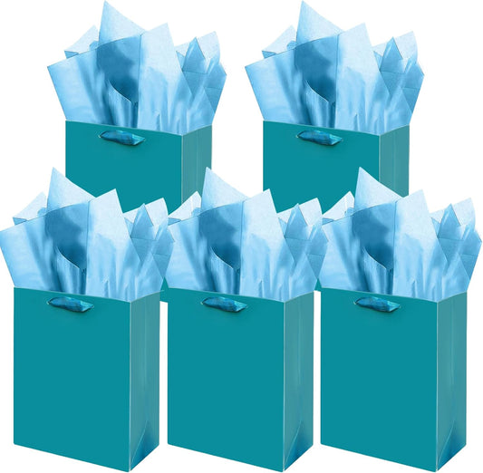 Gcardist Denim Blue Gift Bags with Tissue Paper for Wedding, Birthday, Party Supplies-7.9"x4.3"x9.6" Medium Size Cardboard Gift Bags（5pcs Bags +10pcs Tissue Paper ）