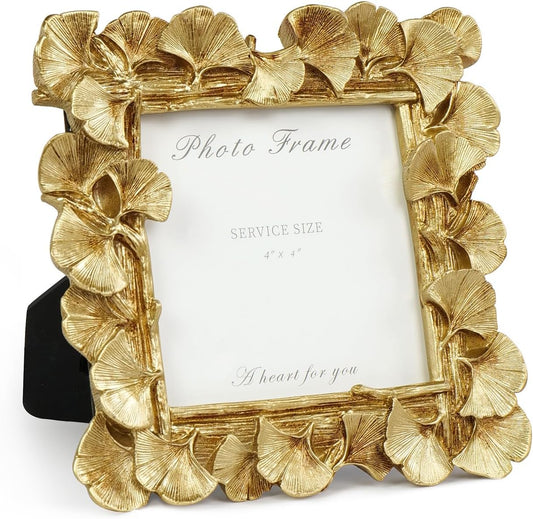 Cuspin 4x4 Picture Frame Small Gold Frames, Vintage Ornate Leaf Textured Hand-Crafted Resin with Glass Front, Antique Photo Frame for Tabletop Display, Retro Design Home Decor