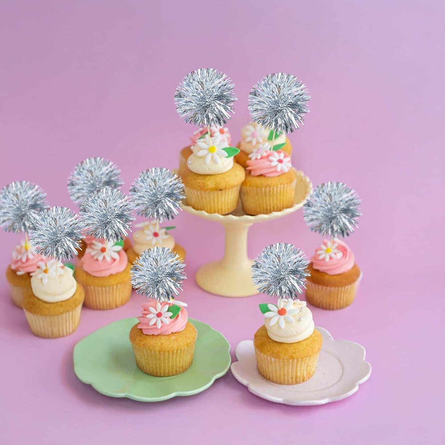 Gyufise 30Pcs Foil Firework Cupcake Toppers Sparkle Tinsel Cake Toppers Tinsel Drink Cake Decoration Cocktail Picks for Birthday Wedding Graduation Party Supplies Dark Silver