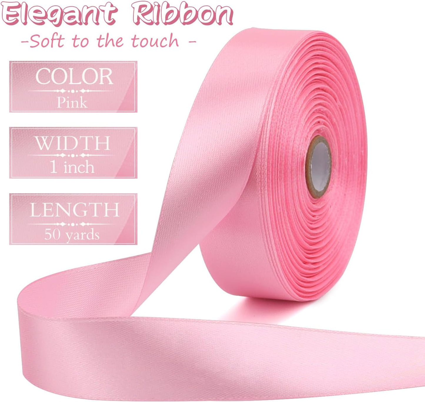 Pink Solid Satin Ribbon 1 Inch 50 Yards Solid Polyester Fabric Ribbon for Gift Wrapping Wedding Christmas Baby Shower Birthday Party Decoration Handmade Immortal Flower Craft