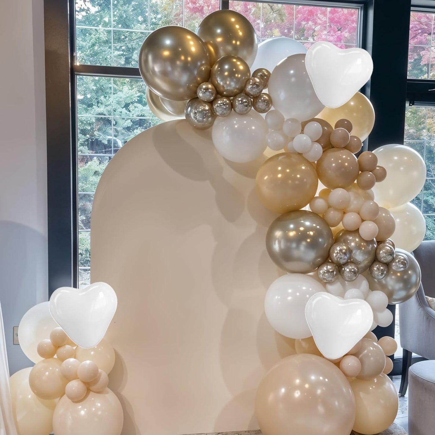 Beige Gold Balloons,50 Pcs 12 Inch White Metallic Latex Heart Balloons for Neutral Boho Birthday Engagement Wedding Anniversary Party Decorations