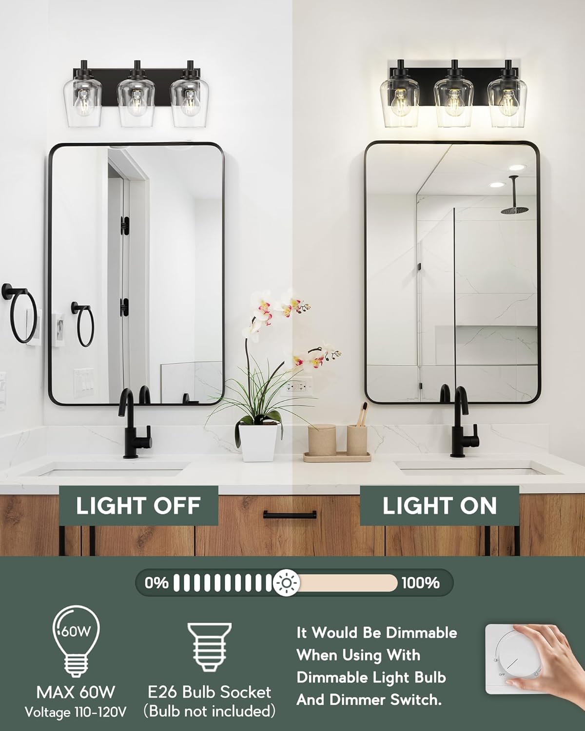 Bathroom Light Fixtures, 3-Light Modern Vanity Light with Clear Glass Wine Glass-Shaped Shade, Vanity Lighting Fixtures Over Mirror, Matte Black, VL155-MB-3