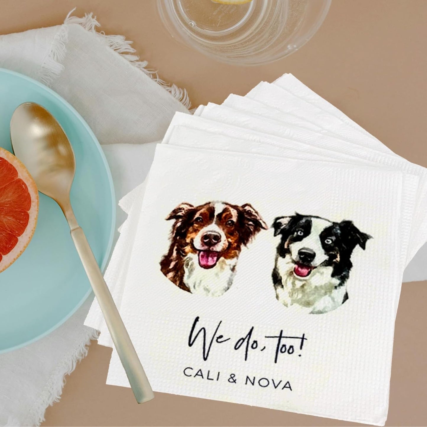 Luxury Personalized Dog Wedding Napkins, Personalized Photo Napkins for Dog, Custom Wedding Cocktail, Bridal Shower, Engagement Party Style 9