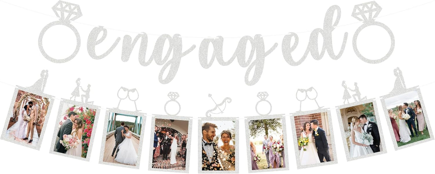 Pre-Strung Engaged Photo Banner - Silver Glitter Engagement Party Decoration Supplies with Romantic Memories Picture Card Frames for Bachelorette, Bridal Shower, Wedding Party Photo Booth Props