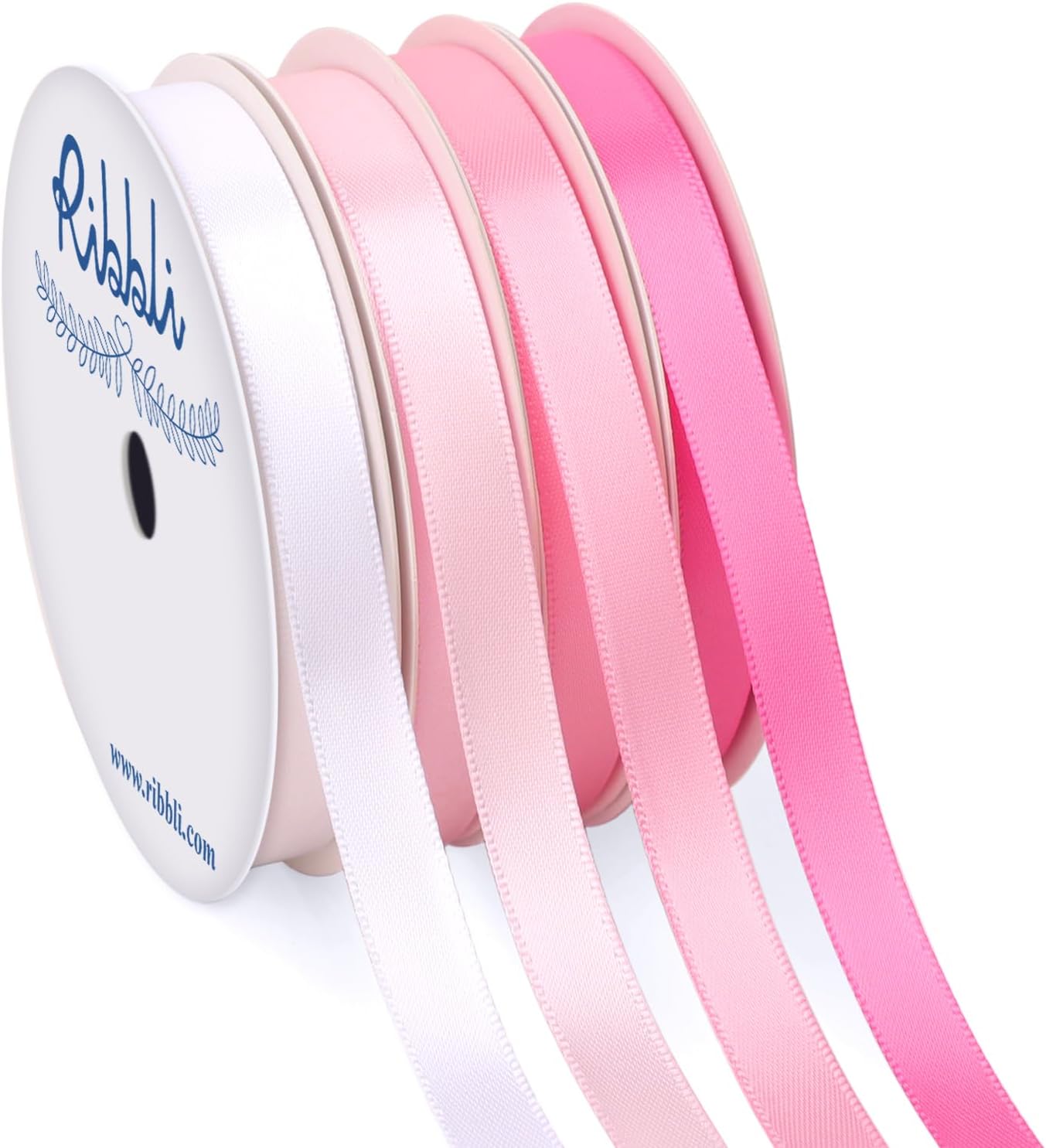 Ribbli Pink Satin Ribbon 3/8 Inch x 4 Rolls Total 40 Yards- White Pink Ribbon for Gift Wrapping Craft Wedding Decoration