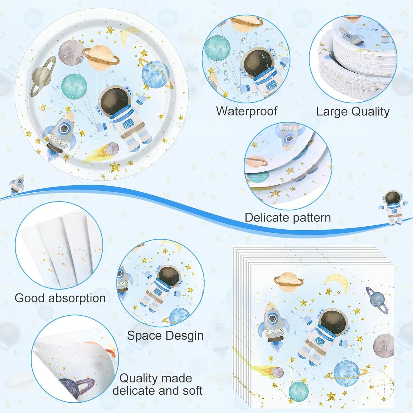 452 Pcs Space Themed Party Decorations for 50, Blue Space Astronaut Paper Plates Napkins Cups Tablecloth Cutlery Straws for First Trip Around The Sun Planet Birthday Baby Shower Party Supply
