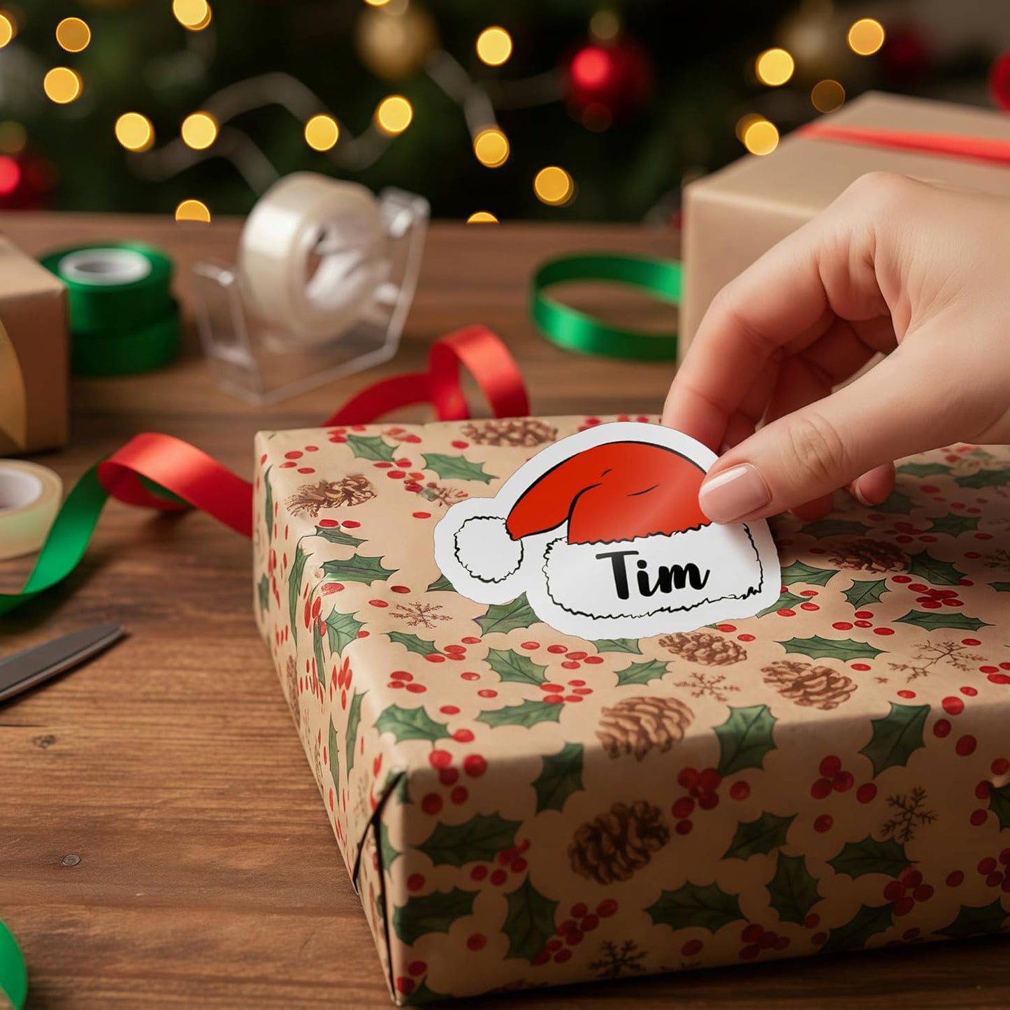 Personalized Christmas Stickers, Custom Name Waterproof Christmas Gift Tags for Gift Box Holiday Decorations, Stockings, Party Favors (Cute Santa Hat)