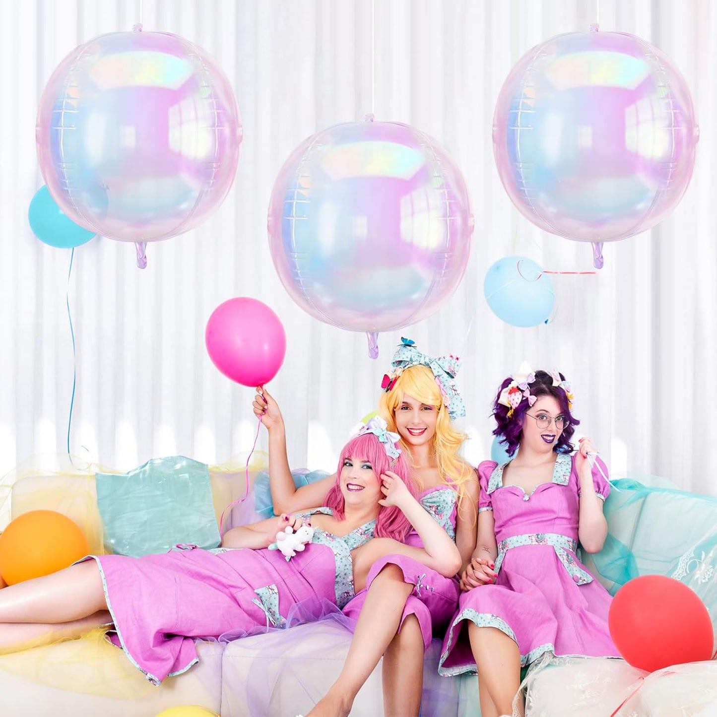 3Pcs Iridescent 4D Balloons, 32in Holographic Round Ball Balloon, Giant 4D Clear Rainbow Foil Balloon for Birthday Baby Shower Mermaid Rainbow Wedding Party Decorations