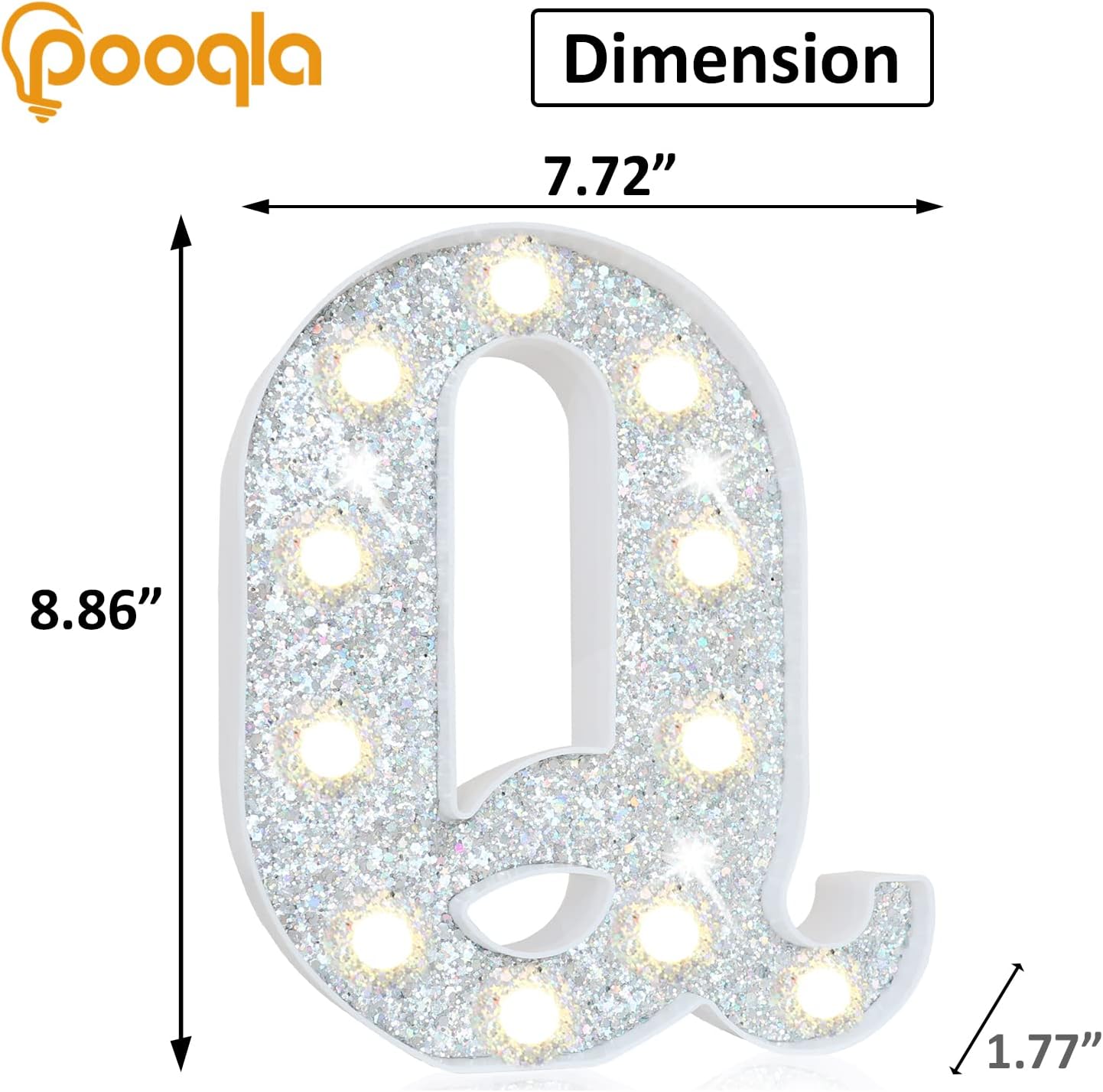 Pooqla Light Up Letters, LED Marquee Letters for Silver Birthday Decorations, Battery Powered Night Light Teenager Girl Room Decor, Gift for Girls Boys Wedding Bedroom Christmas Party Decor, Letter Q