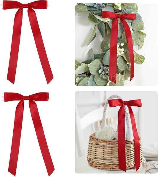 50 PCs Red Bow Decor 5.5'' Satin Bows with Long Tail, Twist Tie Bows for Craft, Packaging Ribbon Bows, Premade Bows for Cake Decorating, Gift Bows for Treat, Wedding Favor, Party