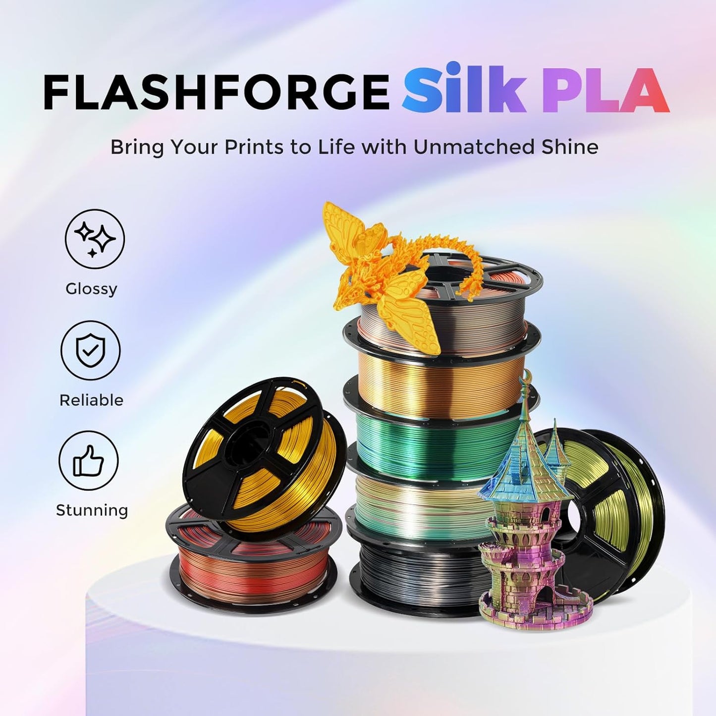 Flashforge 3D Printer Filament Silk PLA 1.75mm 1kg Spool-Dimensional Accuracy +/- 0.02mm (Gold)