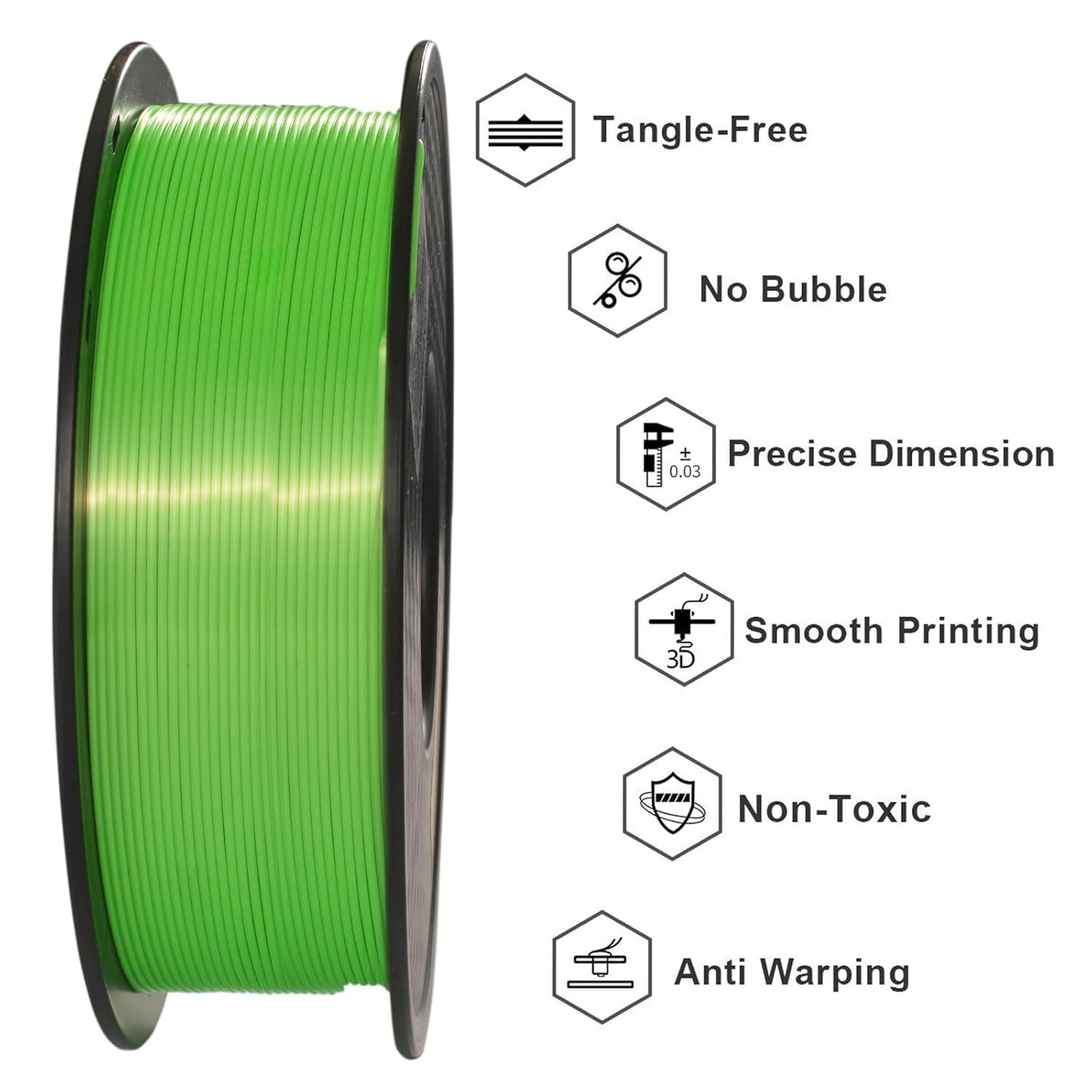 Geeetech Silk PLA Filament 1.75mm 3D Printer Filament Apple Green, Metal-Like Shiny Silk PLA Filament, 1kg (2.2lbs) 1 Spool, Dimensional Accuracy +/- 0.02 mm, Bright Green