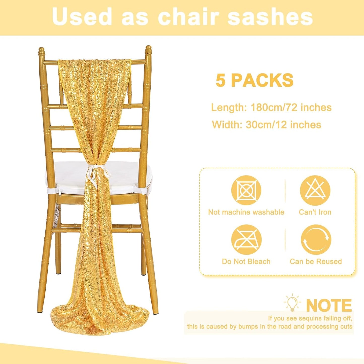 Sequin Table Runners 5 Pieces Gold Table Runners 12x72 Inch Glitter Dining Table Cover for Party Wedding Birthday Reception Banquet Decoration Spring Party Chair Sashes